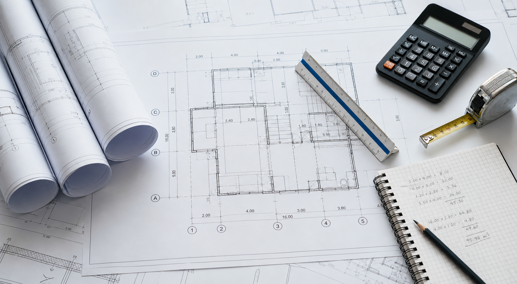 Planos de construcción con calculadora, escalímetro y cinta métrica